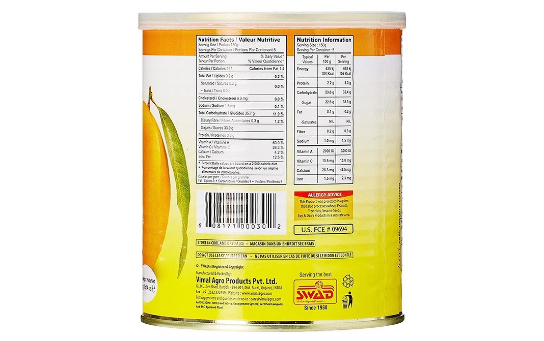 Swad Kesar Mango Pulp Sweetened   Tin  850 grams